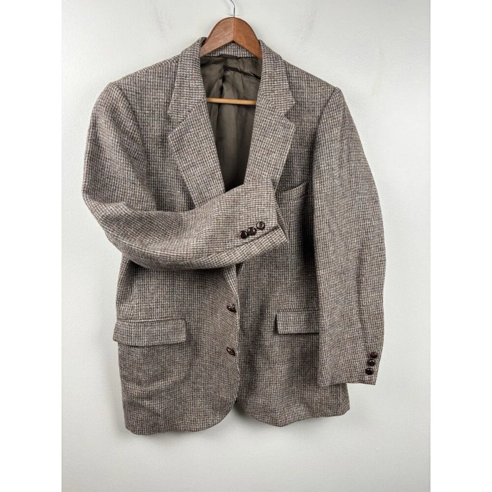 VTG  Stafford Harris Tweed Sport Coat Blazer 44R Brown Barleycorn Scottish Wool